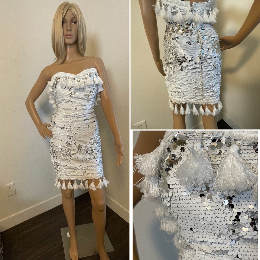 Angela&Brinks Designer white silver sequins pom poms dress puffy chest size S